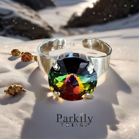 Handcrafted sparkly ring made with medium vitrail Swarovski crystal adjustable - Picture 3 of 6